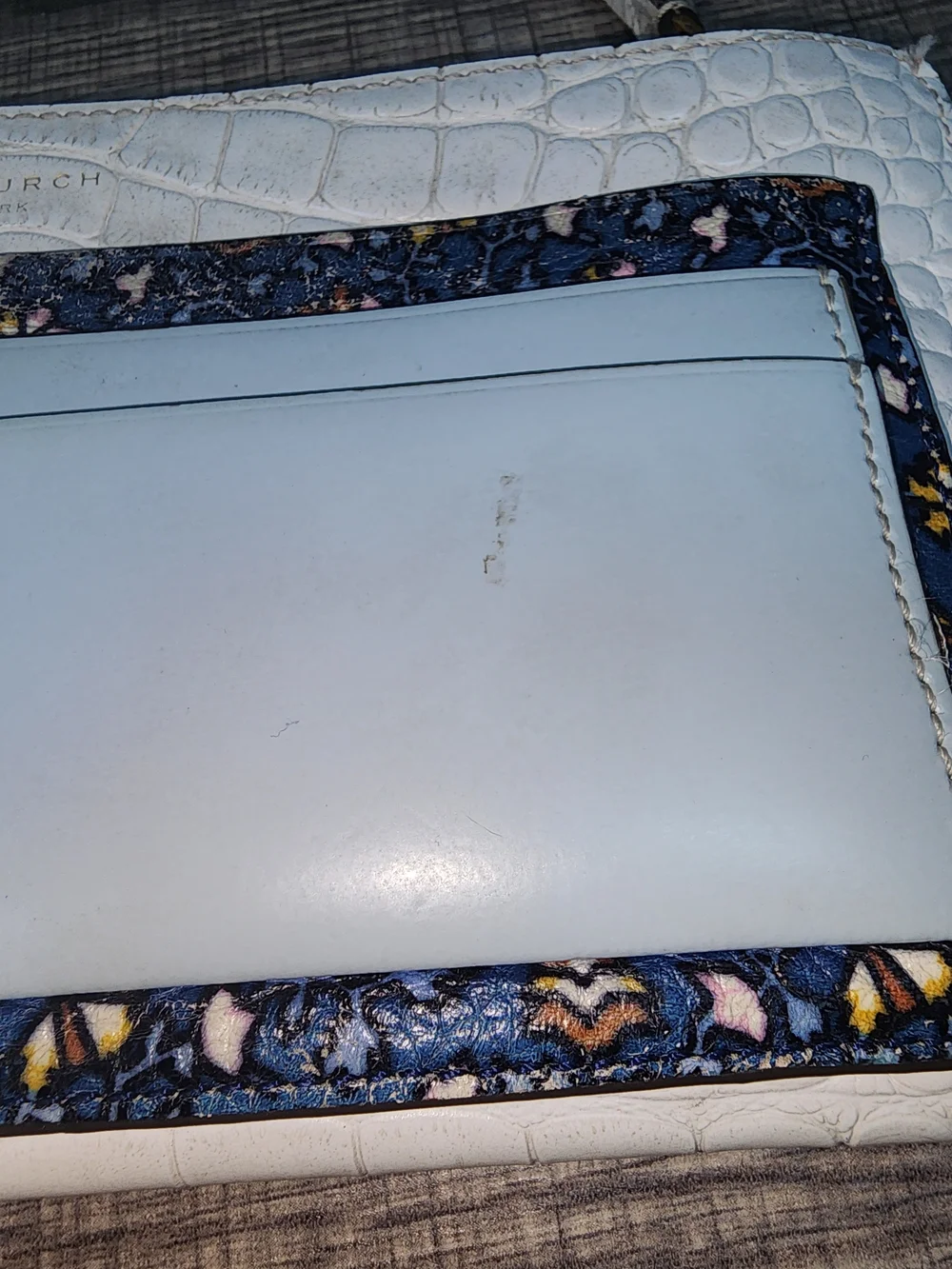 Tory Burch White Croc-Embossed Wallet with Navy Floral Trim
